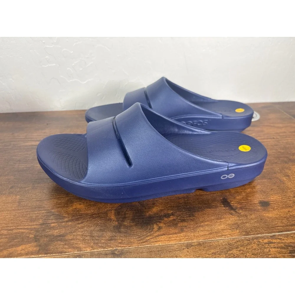 OOFOS OOahh Slide Sandals Navy Blue Mens 12 Womens 14 Recovery Footwear